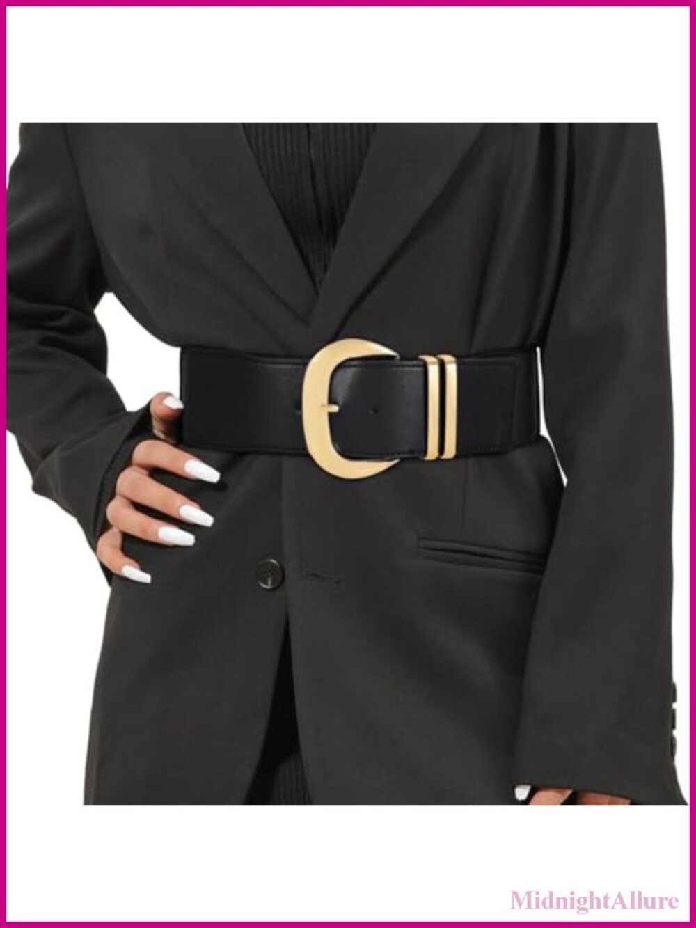 Wide Elastic Waist Belt for Dresses with Gold Buckle Stretchy PU Leather